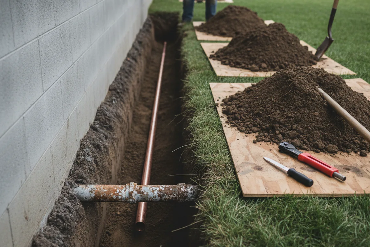 Excavated water line trench during Sewer Line Repair in Woodleaf